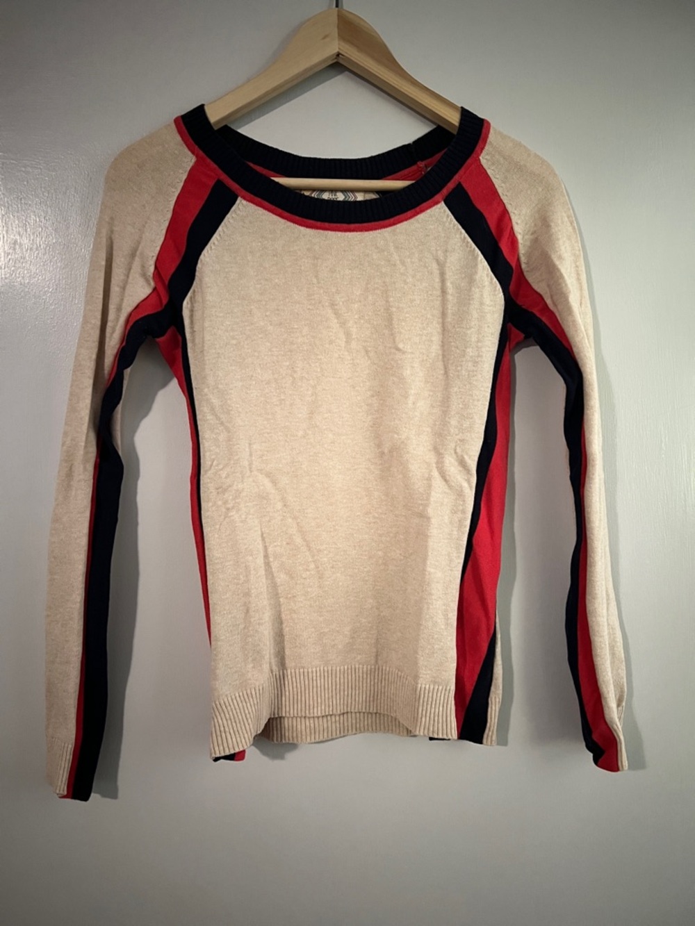 Cream Sweater with Navy & Coral Trim